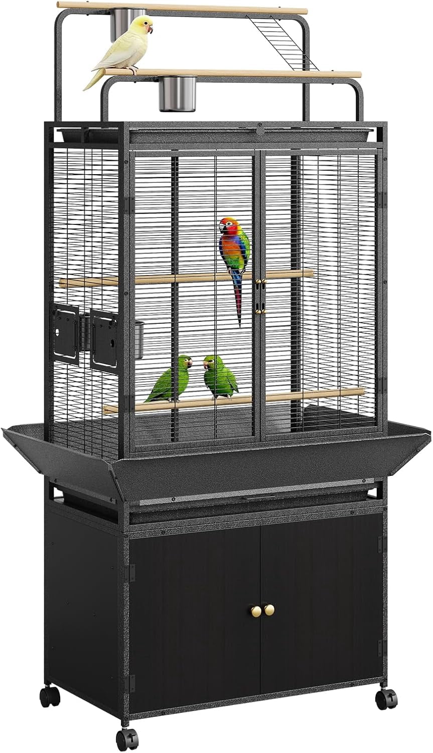 Rugerasy Large Rolling Metal Bird Cage with Play Top,Heavy Duty,Escape-Proof,Easy-Clean Tray,Storage Cabinet,Stand & Wheels,Black