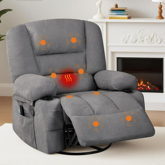 Rugerasy Massage Recliner Chair with Heat and Vibration,360° Swivel Rocking Recliner with Cup Holders & Side Pockets,Comfortable Lounge Chair for Living Room,Home Theater,Dark Gray