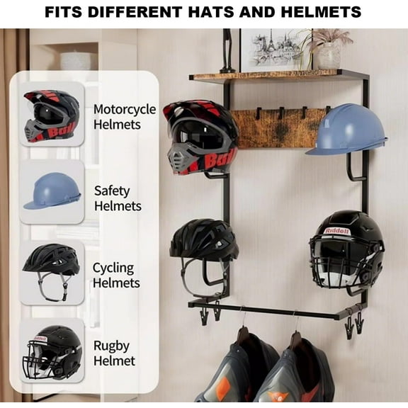 Rugerasy Motorcycle Helmet Holder Wall Mounted,Helmet Wall Mount with 4 Hat Stands and 4 Hooks,Motorcycle Gear Rack for Most of Helmet and Clothes,Wood color