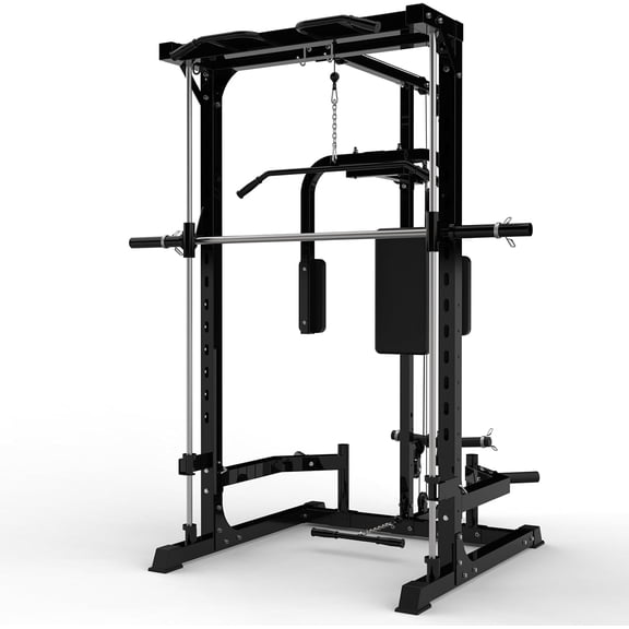 Rugerasy Multi-Functional Fitness Equipment for Full-Body Training,Power Cage Squat Rack with LAT Pulldown System,Chest Station & More Training Attachment,Black