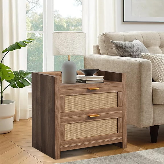 Rugerasy Nightstands Set of 2 with Rattan Drawer,Made Rattan Decorated Drawers Night Stand,Wooden 2 Drawer Bedside Table Side Table for Small Place Living Room and Bedroom,Oak