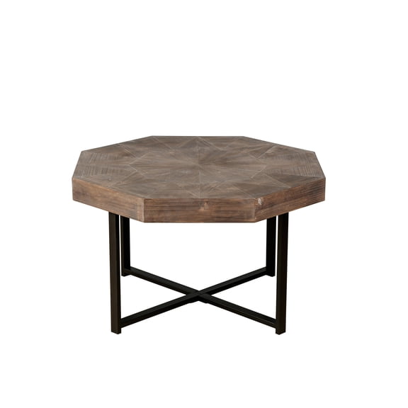 Rugerasy Octagonal Coffee Table, Wood Side Table Vintage Patchwork Craft Farmhouse Coffee Table, Sofa Table With Cross Metal Legs For Living Room Reception Room