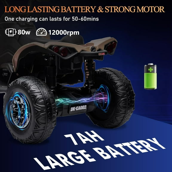 Rugerasy Powered Ride-Ons,12V ATV, Ride on Toy Car,4 Wheeler Quad Electric Vehicle, w/LED Lights, Full Metal Suspensions, Bluetooth, Music, USB, Treaded Tires,Khaki