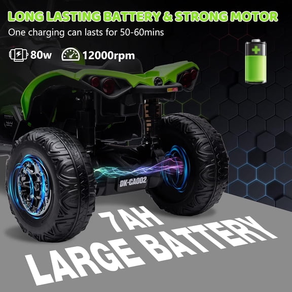 Rugerasy Powered Ride-Ons,12V ATV, Ride on Toy Car,4 Wheeler Quad Electric Vehicle, w/LED Lights, Full Metal Suspensions, Bluetooth, Music, USB, Treaded Tires,Green