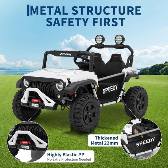 Rugerasy Powered Ride-Ons,24V Ride on Toys,with Remote Control- 4WD Electric Car,2 Seater UTV,Spring Suspension,Front&Behind LED Lights,Dual Storage,3 Speeds,Bluetooth Music,Parent Safety Brake,White