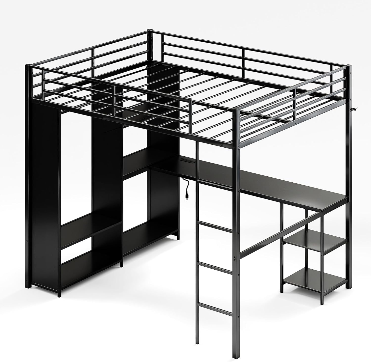 Rugerasy Queen Size Metal Loft Bed with Desk and Storage Shelves,Heavy Duty Bedframe with Wardrobe,Hanging Rod,Guardrail and Ladder,Black