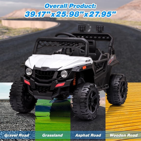 Rugerasy Ride On Electric Vehicle with Remote Control, 390W Double Motors, Ride On Car Truck with Led Lights, Storage Bin,Parental Remote Control,white