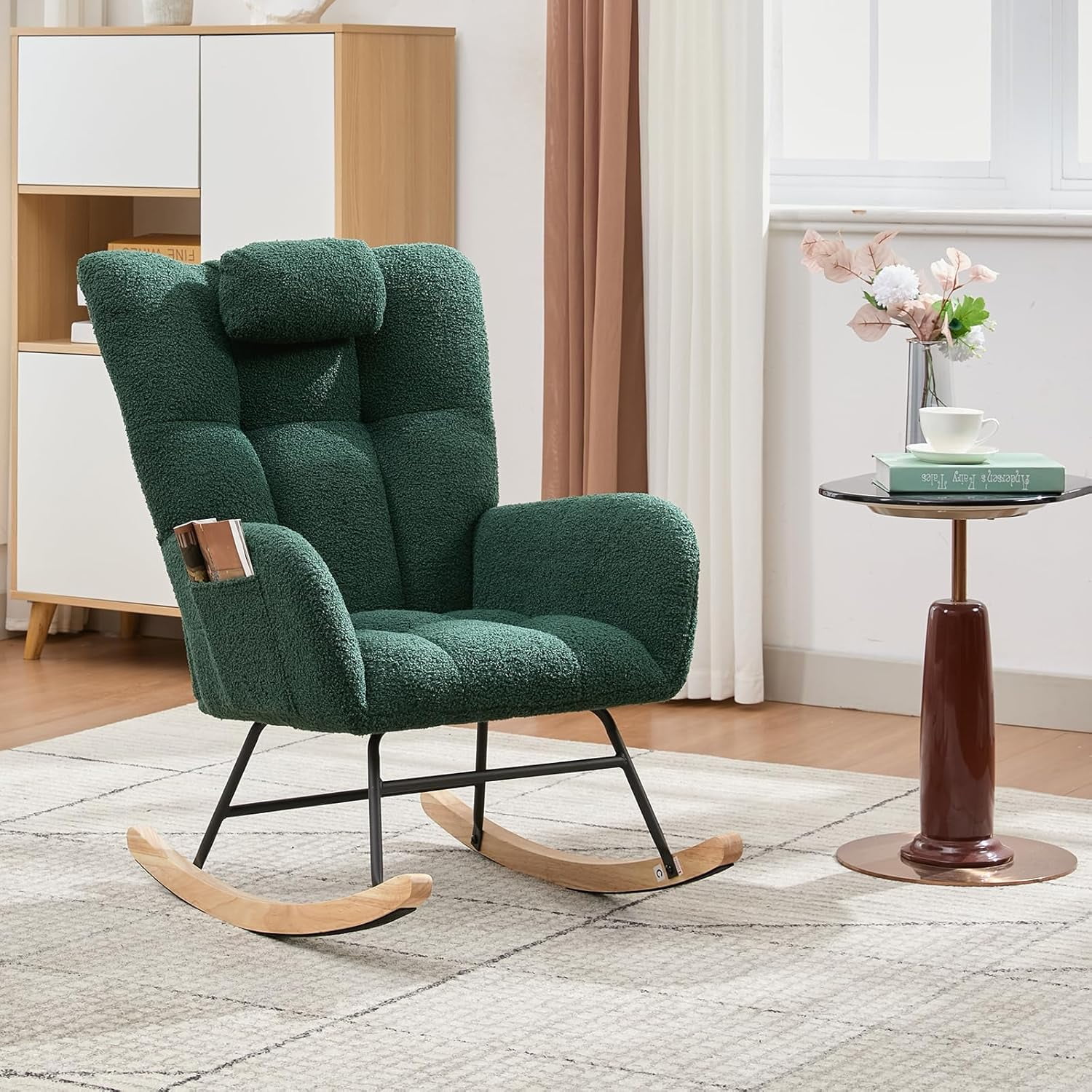 Rugerasy Rocking Chair,300Lb Glider Chair with Wood Legs/Two Side Pockets,Teddy UpholsteRed Glider Rocker with Padded Seat High Backrest for Living Room/Bedroom,Dark Green