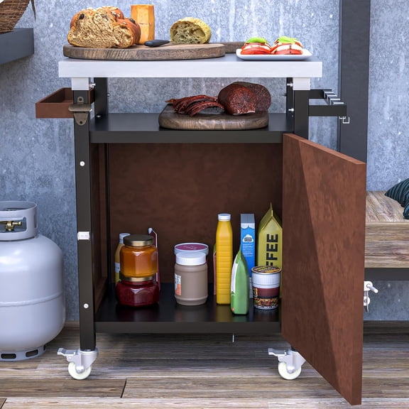 Rugerasy Rolling Serving Cart Movable Food BBQ Prep Table,Dining Cart Table with Stainless Steel Top,Storage Space,Hooks and Spice Rack,Outdoor Grill Cart for Home Party,Brown