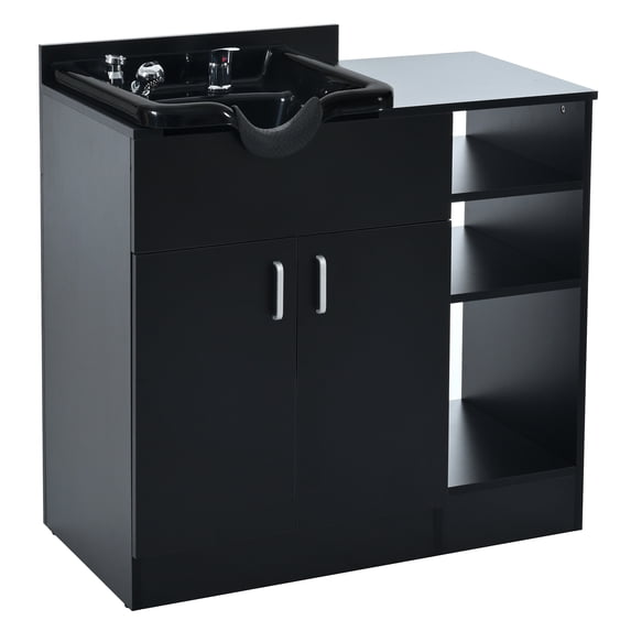 Rugerasy Shampoo Backwash Station For Salons, Salon Station With Shampoo Bowl And 3 Open Storage Shelves, Salon Equipment For Spa Barber Shop Locker Room Bathroom