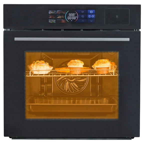 Rugerasy Single Wall Oven 24" Built-In Electric Ovens, 70L, 3000W, 8 Baking Modes, With Air Frying Function, 3D Surround Heating With Double-Layered Glass Door, Touch Control With Colour Led Screen