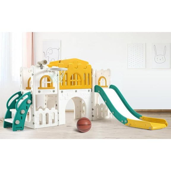 Rugerasy Slide 8 in 1 Playset for Age 1-3Y,Playset for Indoor Outdoor Playground with Climber,Crawling Tunnel,Basketball Hoop,Telescope,Toy Storage,Orange Green