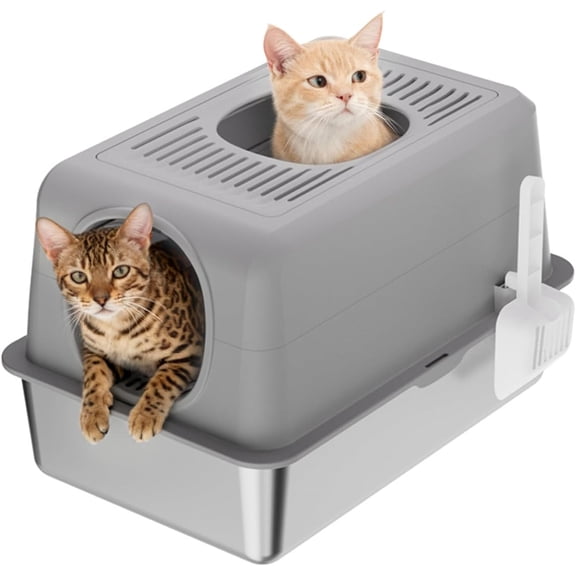 Rugerasy Stainless Steel Litter Box,Top Entry Kitty Litter Box for Big Cats,Enclosed Metal Boxes,High Sides with Lid Covered Extra Large Cat Boxes Pan Tray with Scroop,Gray