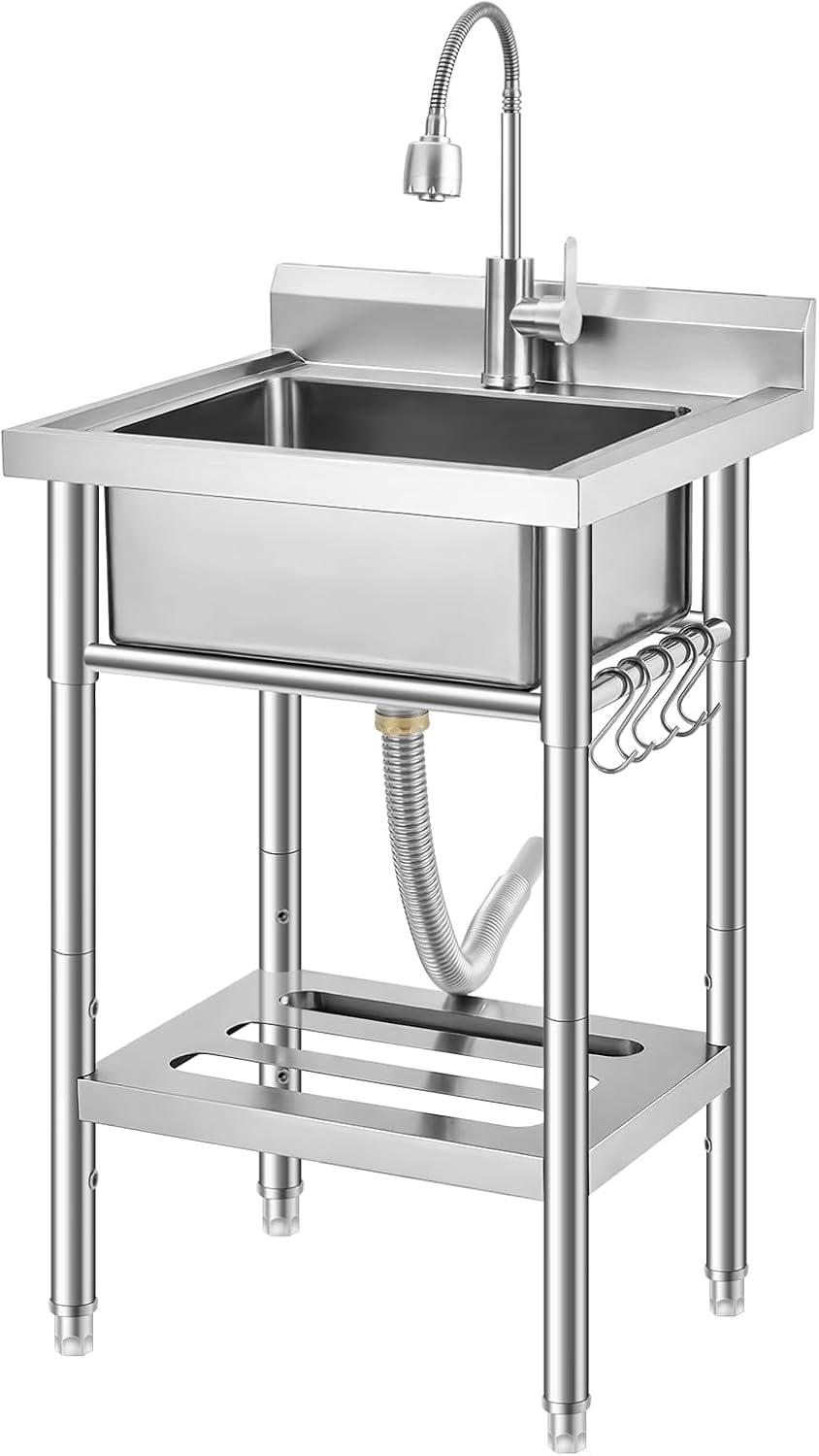 Rugerasy Stainless Steel Utility Sink,Free Standing Single Bowl Kitchen Sink,Adjustable Leg Height,w/Faucet,Hot and Cold Water Pipes,Commercial Laundry Tub,Hook,Storage Shelf for Indoor Outdoor