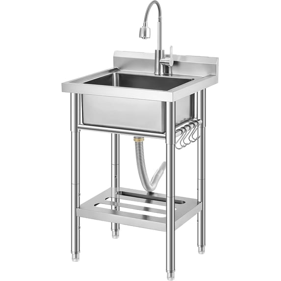 Rugerasy Stainless Steel Utility Sink,Free Standing Single Bowl Kitchen Sink,Adjustable Leg Height,w/Faucet,Hot and Cold Water Pipes,Commercial Laundry Tub,Hook,Storage Shelf for Indoor Outdoor