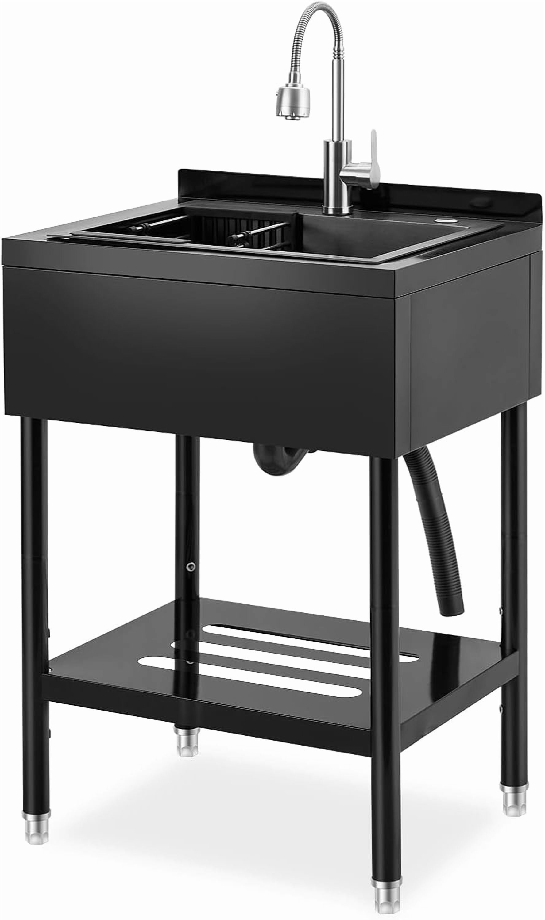 Rugerasy Stainless Steel Utility Sink,Freestanding Commercial Sink,Adjustable Leg with Hot and Cold Water Faucet,Hoses and Drain Kit,Large Laundry Tub for Kitchen,Garage,Bathroom,Outdoor Use