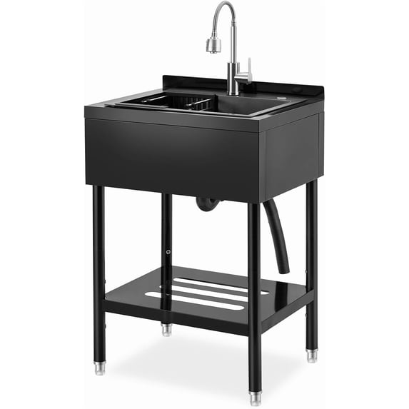 Rugerasy Stainless Steel Utility Sink,Freestanding Commercial Sink,Adjustable Leg with Hot and Cold Water Faucet,Hoses and Drain Kit,Large Laundry Tub for Kitchen,Garage,Bathroom,Outdoor Use
