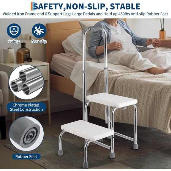 Rugerasy Step Stool with Dual Handle and Non-Skid Platform,Height Adjustable Heavy Duty,Steps Foot Stool for Adult,Seniors,Foot Stool for Bedside,Kitchen,Single Handrails and Double Layers