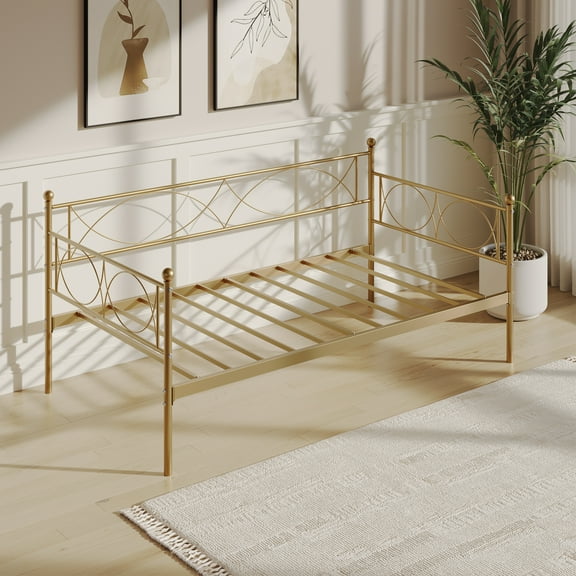Rugerasy Twin Size Daybed, Metal Daybed Frame with Trundle,Mattress Foundation Platform Sofa Bed,Heavy Duty Metal Slats with Lockable Casters for Bedroom, Living Room,Gold
