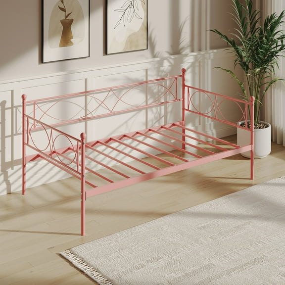 Rugerasy Twin Size Daybed, Metal Daybed Frame with Trundle,Mattress Foundation Platform Sofa Bed,Heavy Duty Metal Slats with Lockable Casters for Bedroom, Living Room,Pink