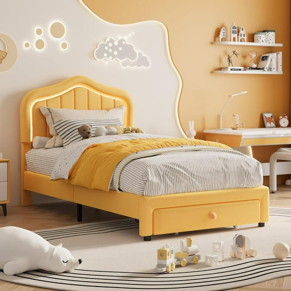 Rugerasy UpholsteRed Twin Size LED Bed Frame with Storage Drawer,Velvet/Princess Platform Bed Frame for Girls,Wooden Slats Support,No Box Spring Needed,Easy Assembly,Yellow