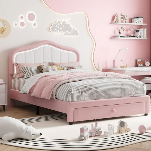 Rugerasy UpholsteRed Twin Size LED Bed Frame with Storage Drawer,Velvet/Princess Platform Bed Frame for Girls,Wooden Slats Support,No Box Spring Needed,Easy Assembly,Pink and White