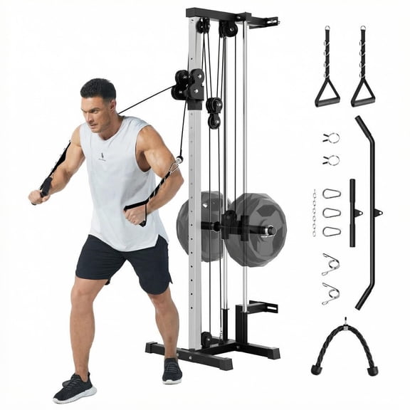 Rugerasy Wall Mount Cable Station,Height Adjustable LAT Pulldown Machine with Dual Pulley System,Cable Crossover Machine for Home Gym,Black