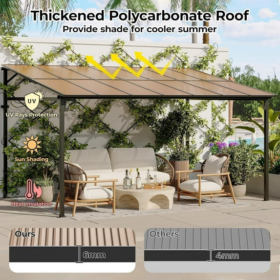 Rugerasy Wall Mounted Gazebo,Hardtop Lean-to Pergola with Polycarbonate Roof,Heavy Duty Outdoor Patio Awnings for Deck,Porch,Backyard,10*14FT,