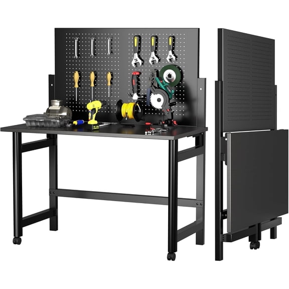 Rugerasy Wall-Mounted Workbench with Pegboard - Foldable Steel Garage Work Table,2000Lb Capacity Tool Bench for Workshop,Black