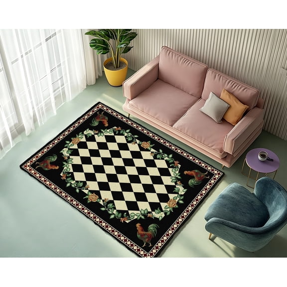 Rugfest Checkered Floral Roosters Washable Rug - Non-Slip Backing, Easy to Clean, Perfect for Home and Living Room 15x24inch (40x60cm)