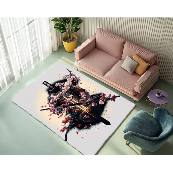 Rugfest Samurai Cherry Blossoms Washable Rug - Non-Slip Backing, Easy to Clean, Perfect for Home and Living Room 47x71inch (120x180cm)