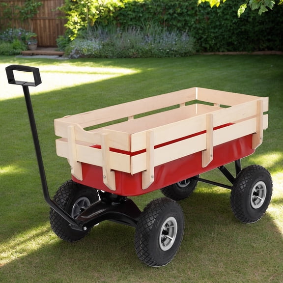 Rugged 97x43x78 cm Four-Wheel Garden Wagon, Iron and Wood Structure for Moving Heavy Plants, Tools, and More with Ease