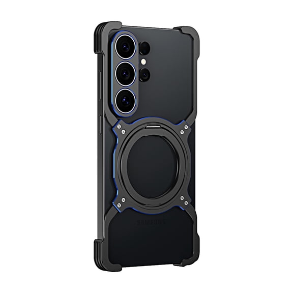Rugged Aluminum Metal Bumper Case For Samsung Galaxy S26 Ultra, Magnetic Case Compatible with MagSafe, Built-in 360° Rotating Ring Stand, Slim Shockproof Minimalist Frame Cover, Black+Blue