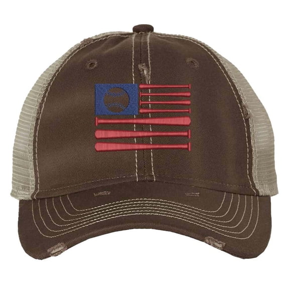 American Flag Baseball Cap - Distressed Flag with Baseball Bats - Vintage Patriotic Strapback Hat (Brown)