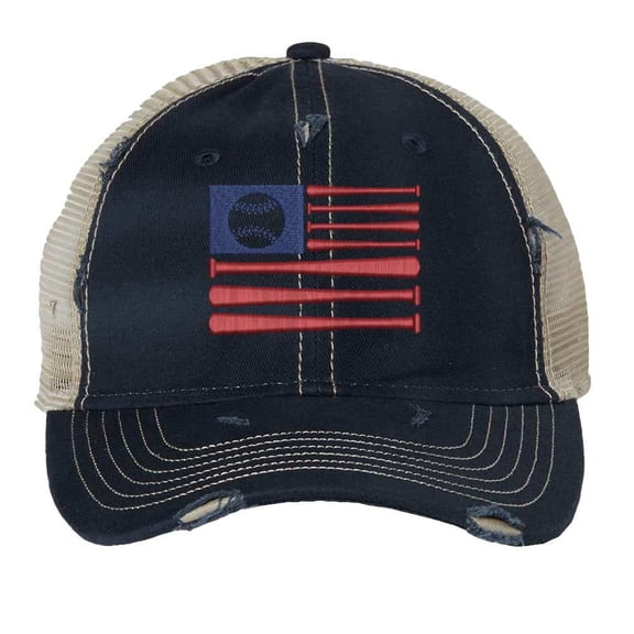 Rugged American Baseball Trucker Hat – Embroidered Flag with Baseball Bats, Patriotic Mesh Strapback Cap for Fans (NavyBlue)