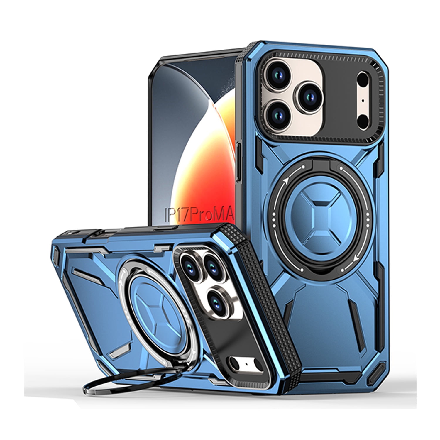 Rugged Armor Case with Rotating Stand and MagSafe for iPhone 17 Pro Max - Light Blue