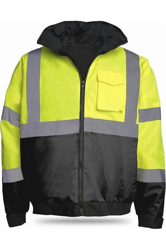 Hi-Vis Bomber Jacket, Rated ANSI Class 3 Safety Jacket with Black Bottom, Reflective Yellow Work Jacket with Hood
