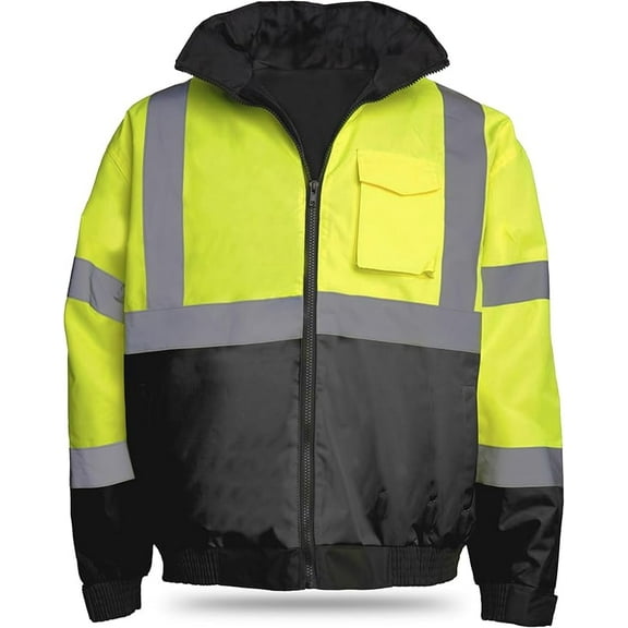 Hi-Vis Bomber Jacket, Rated ANSI Class 3 Safety Jacket with Black Bottom, Reflective Yellow Work Jacket with Hood