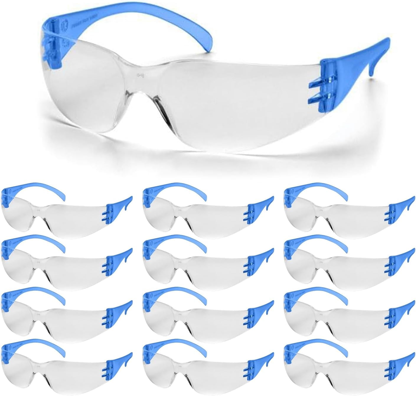 Rugged Blue Diablo Safety Glasses - Blue Frame -12 Pack | Clear Lens Protective Eyewear | Lightweight Frameless Design | Scratch-Resistant Lens for Work Construction Lab and Industrial Use