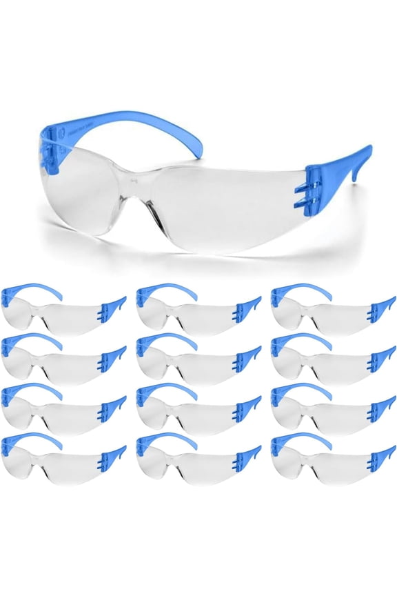 Diablo Safety Glasses - Blue Frame -12 Pack | Clear Lens Protective Eyewear | Lightweight Frameless Design | Scratch-Resistant Lens for Work Construction Lab and Industrial Use