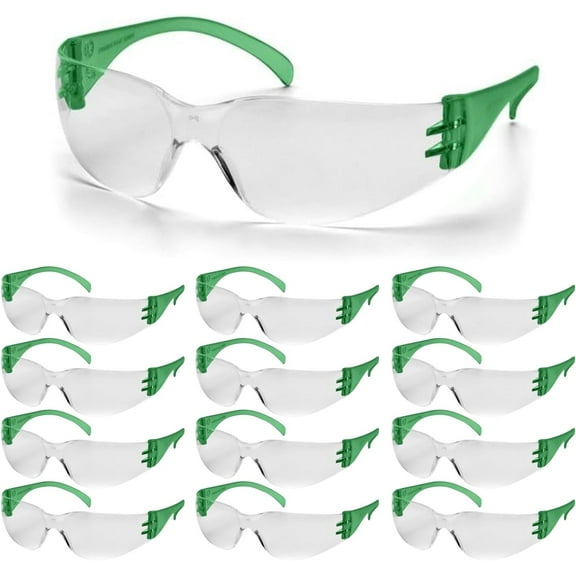 Rugged Blue Diablo Safety Glasses - Green Frame -12 Pack | Clear Lens Protective Eyewear | Lightweight Frameless Design | Scratch-Resistant Lens for Work Construction Lab and Industrial Use