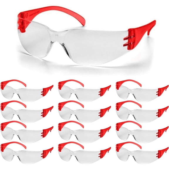 Rugged Blue Diablo Safety Glasses - Red Frame -12 Pack | Clear Lens Protective Eyewear | Lightweight Frameless Design | Scratch-Resistant Lens for Work Construction Lab and Industrial Use
