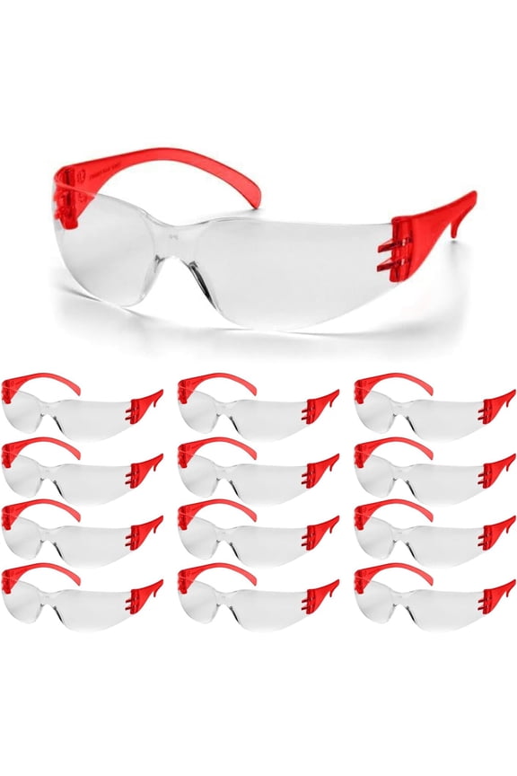 Diablo Safety Glasses - Red Frame -12 Pack | Clear Lens Protective Eyewear | Lightweight Frameless Design | Scratch-Resistant Lens for Work Construction Lab and Industrial Use
