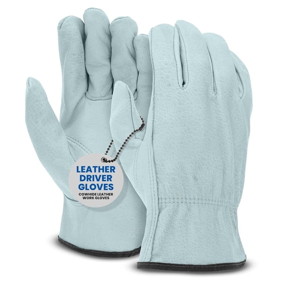 Leather Driver Gloves | Color Coded Cowhide Gloves | Economy Grade Leather Work Gloves with Keystone Thumb & Shirred Elastic Back | M