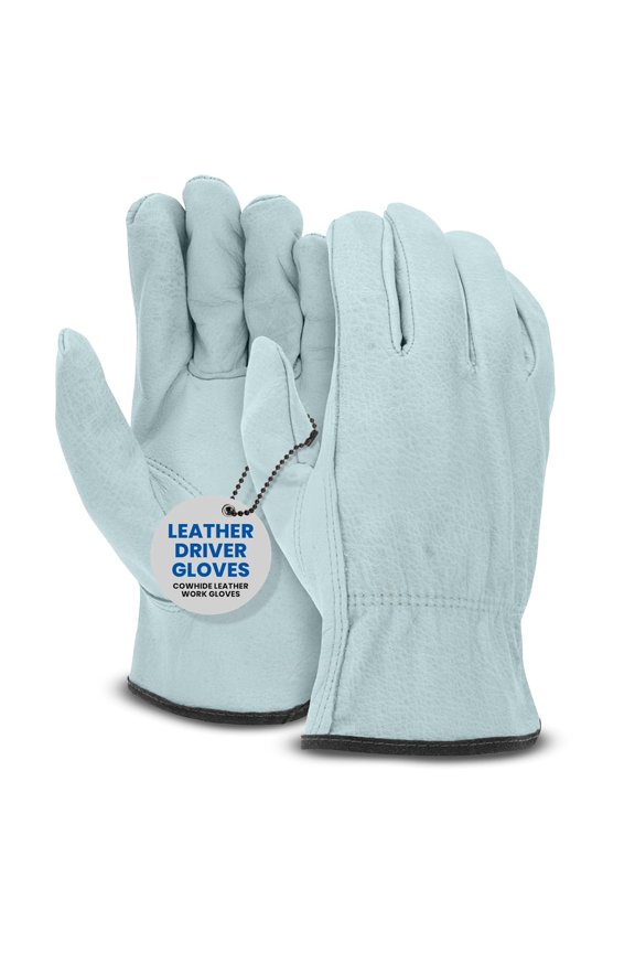 Leather Driver Gloves | Color Coded Cowhide Gloves | Economy Grade Leather Work Gloves with Keystone Thumb & Shirred Elastic Back | M