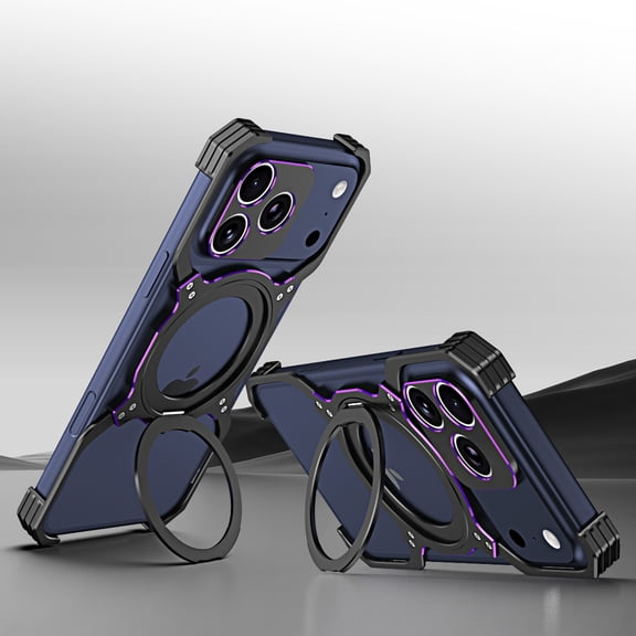 Rugged Bumper Case For iPhone 17 Pro, Heavy Duty Aluminum Metal Frame with Screw Fixation, Magnetic Ring Stand Shockproof Reinforced Corners Heat Dissipation Case,Black+Purple