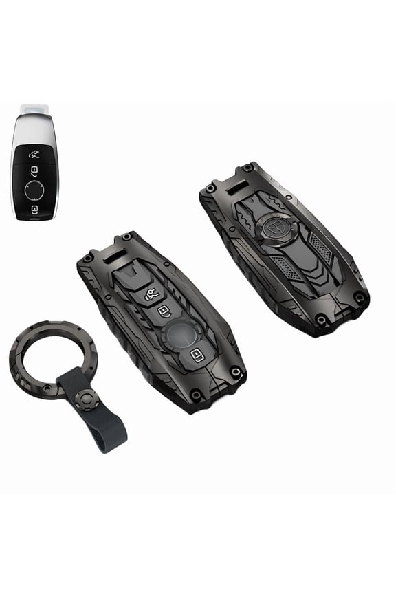 Rugged CNC Aluminum Alloy Key Fob Case with Secure Keychain Heavy Duty Metal Protective Cover for 2017-2021 Mercedes Benz A C E S G Class Keyless Entry Remote