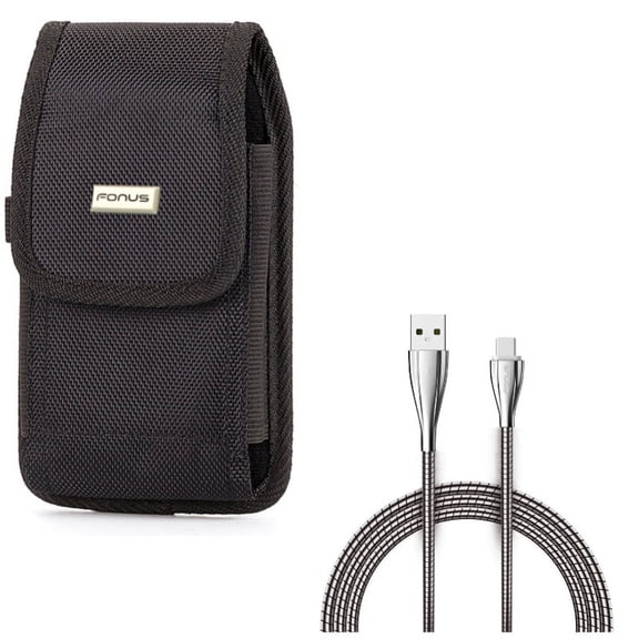 Rugged Canvas Carry Case Belt Holster w Metal Braided Type-C USB Cable Charging Power Sync Cord 6ft Long Wire R5V for Acer Liquid Jade Primo - Alcatel 7, Idol 4S - ASUS ROG Phone, ZenFone AR 6