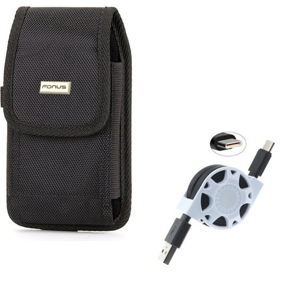 Rugged Canvas Carry Case Belt Holster w Retractable Type-C USB Cable Charger Power Wire Sync E6E for Blackberry Motion - BLU G9, Vivo XI Plus - Coolpad Legacy - Google Pixel XL 3a XL 3 XL 2 XL