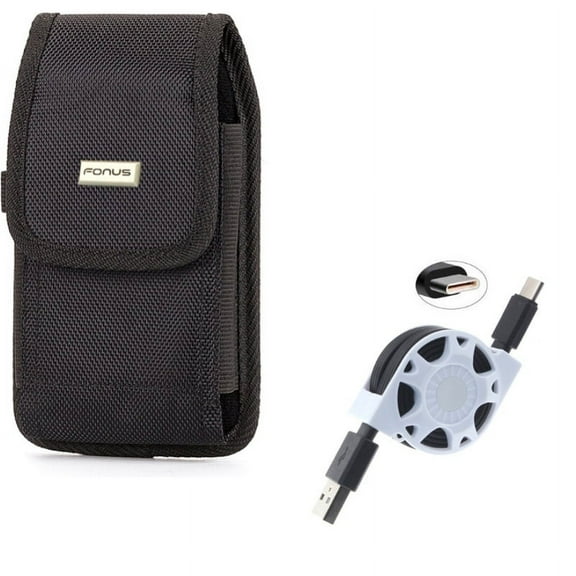 Rugged Canvas Carry Case Belt Holster w Retractable Type-C USB Cable Charger Power Wire Sync Y1K for Samsung Galaxy S10 Plus 5G Note 9 8 A9 A50 - Sony Xperia XZ3 - Xiaomi Mi 9